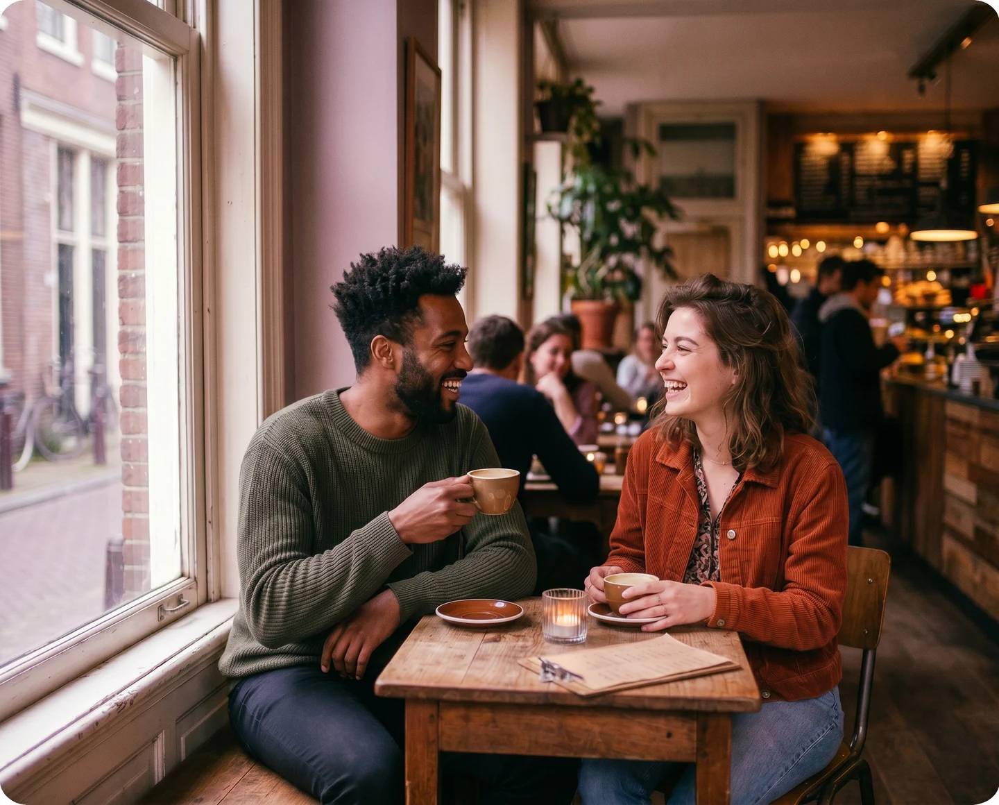 Dos personas en una cita en una cafetería